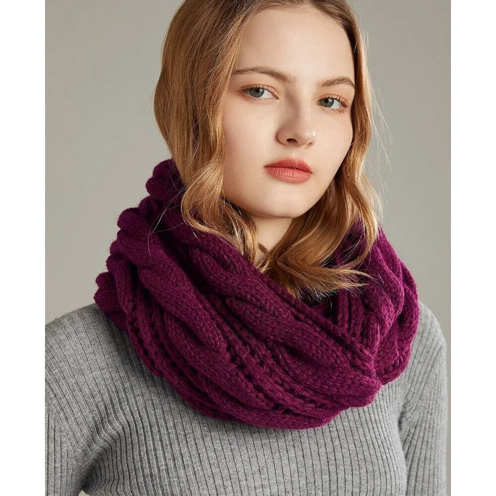 Women's Twist Purple Red Thick Ribbed Knit Winter Infinity Circle Loop Scarf